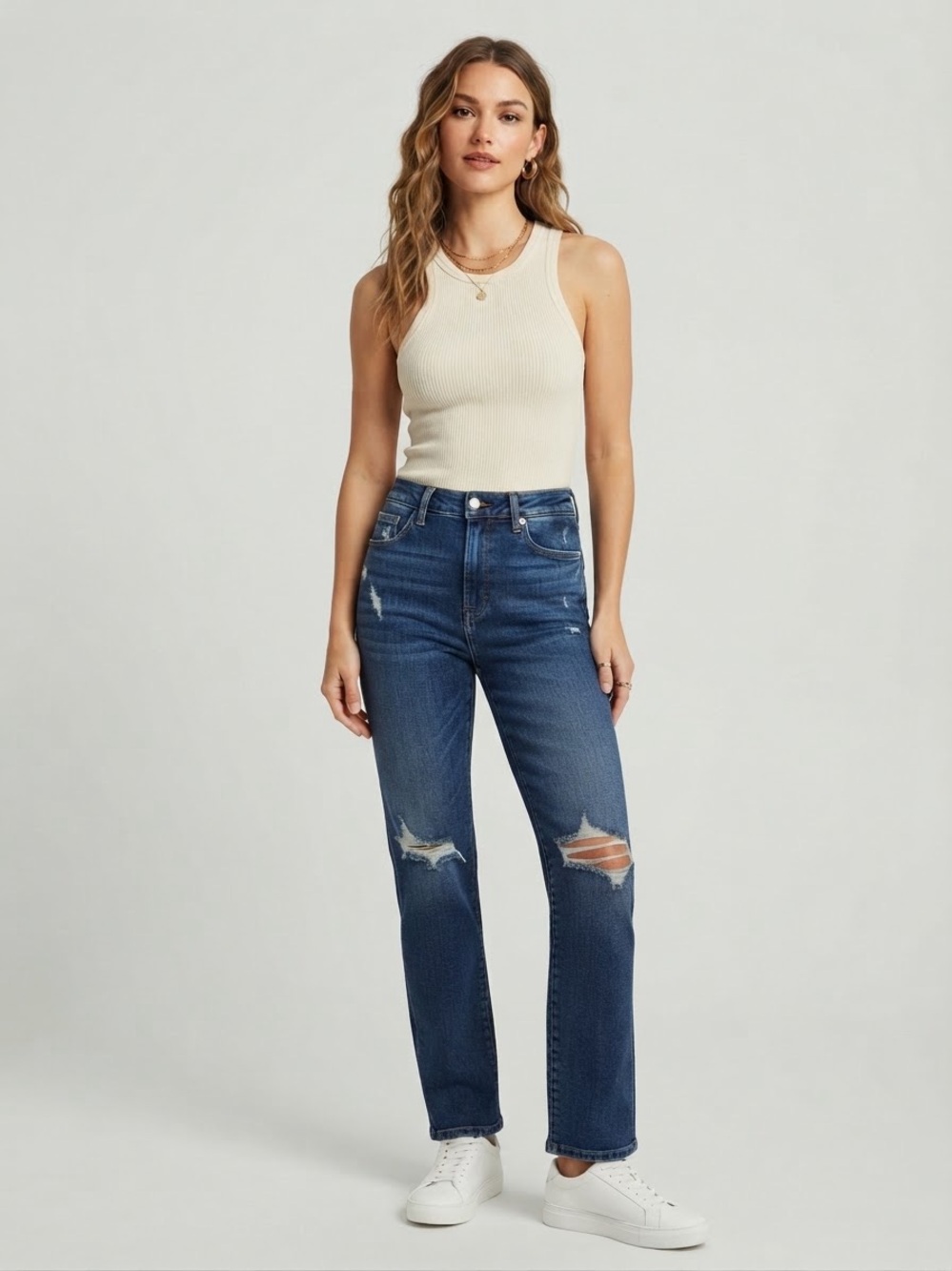 Judy Blue Distressed High-Rise Dad Jeans - Dark Blue
